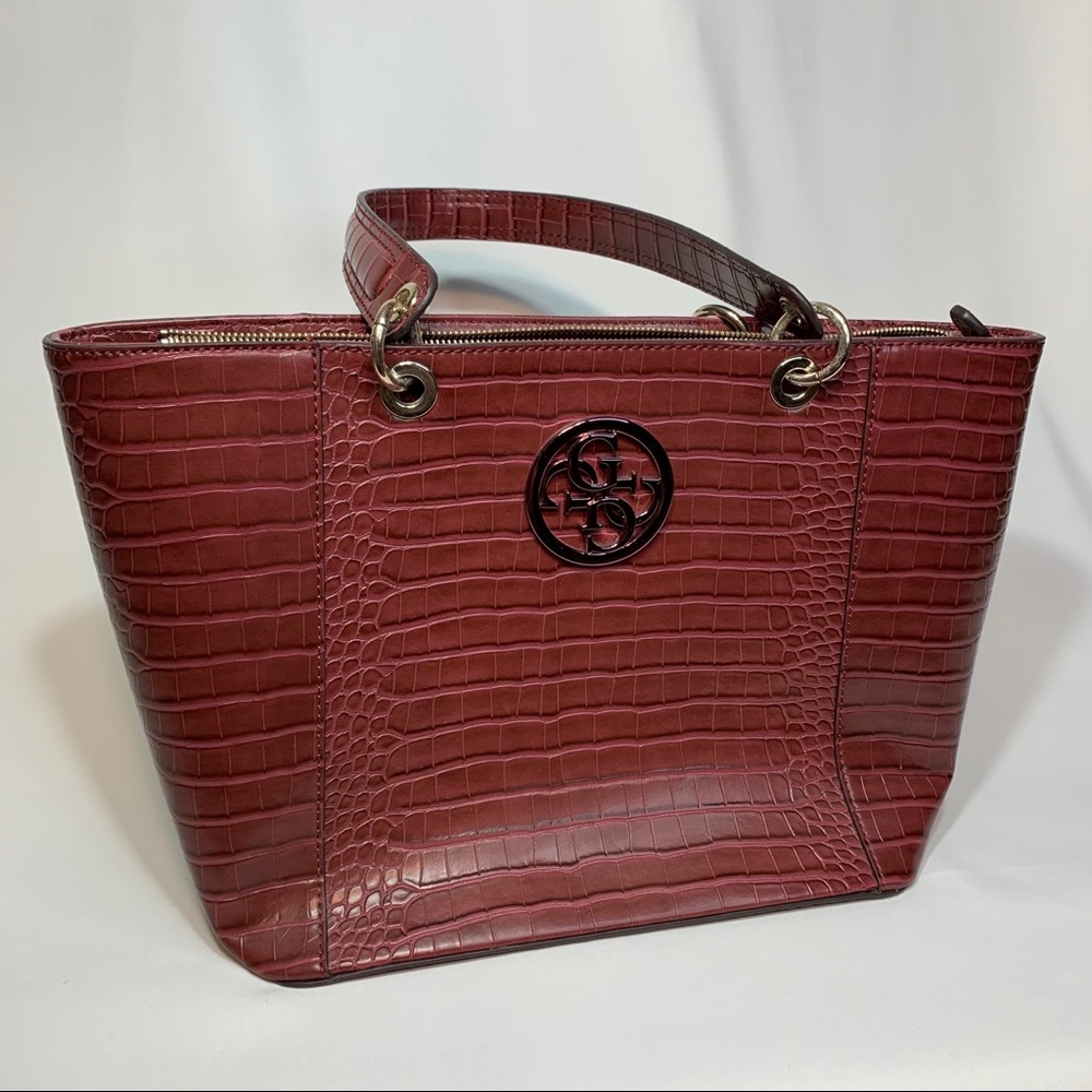 NWOT Guess Burgundy Faux Croc Tote - Picture 3 of 12
